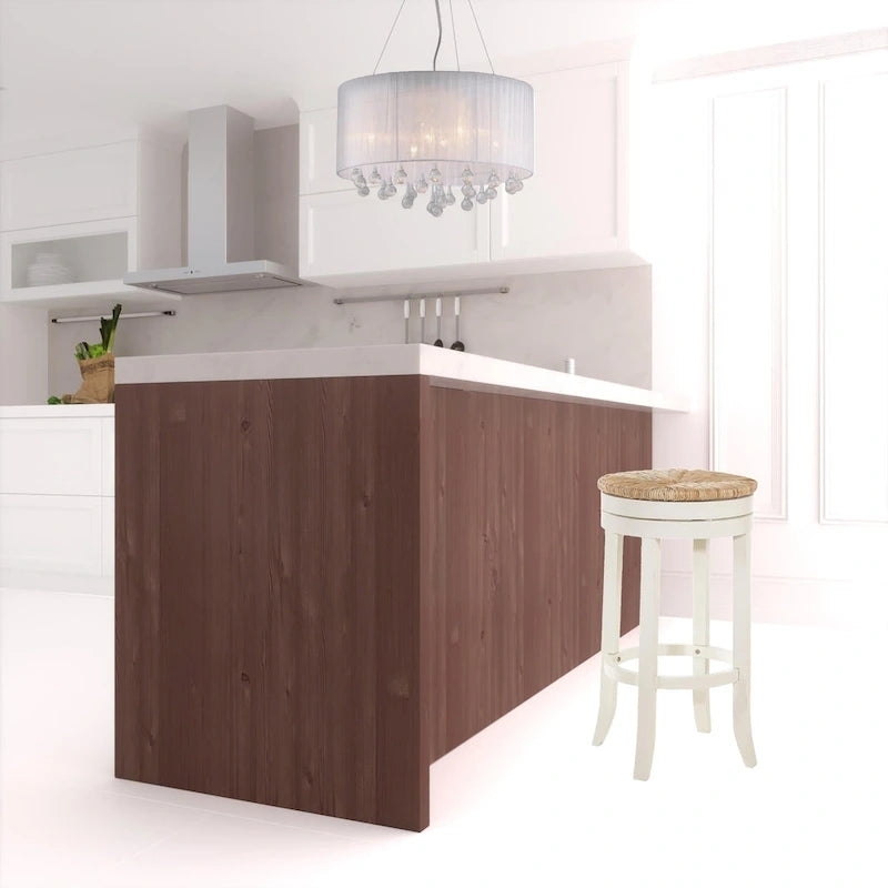 Sgabello da Bar Girevole Senza Schienale da 76 cm con Poggiapiedi - Seduta in Paglia Naturale e Base in Legno Massello