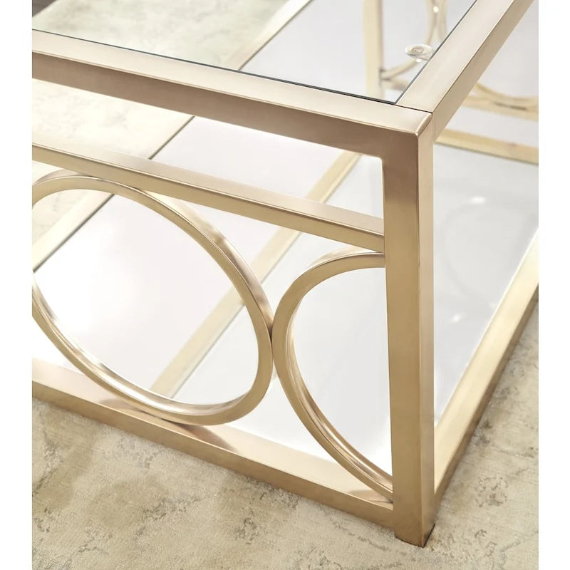 Tavolino Moderno con Piano in Vetro Temperato e Struttura in Metallo Color Oro