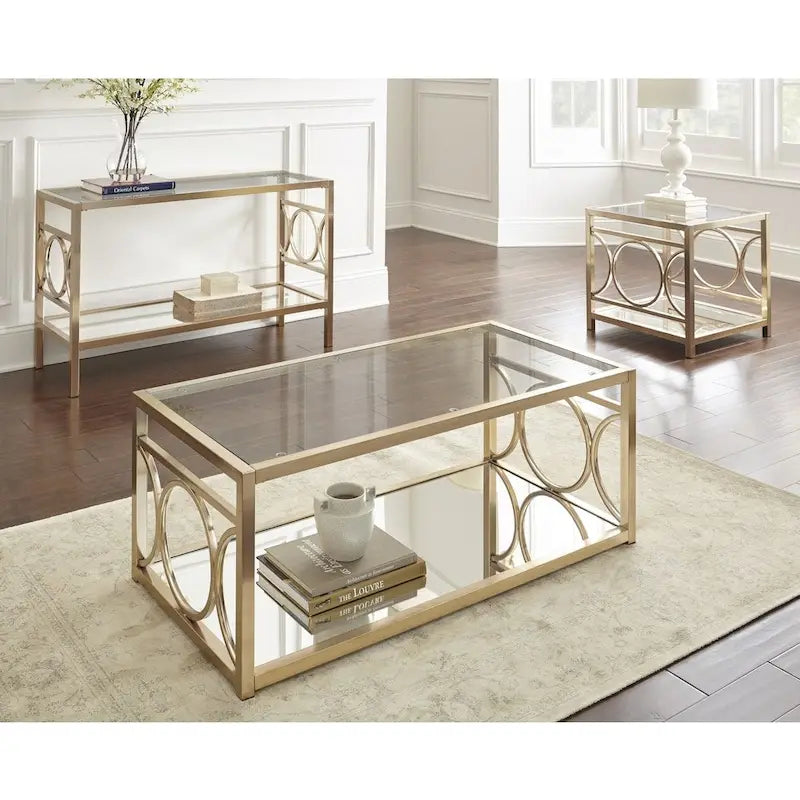 Tavolino Moderno con Piano in Vetro Temperato e Struttura in Metallo Color Oro