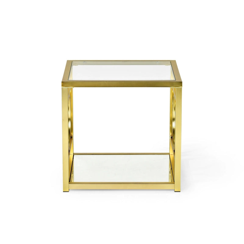 Tavolino Moderno con Piano in Vetro Temperato e Struttura in Metallo Color Oro