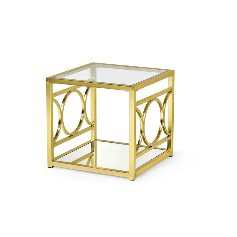 Tavolino Moderno con Piano in Vetro Temperato e Struttura in Metallo Color Oro