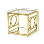 Tavolino Moderno con Piano in Vetro Temperato e Struttura in Metallo Color Oro