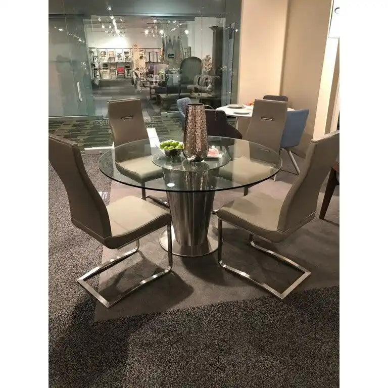 Tavolo da pranzo rotondo in vetro con base in acciaio inossidabile e vassoio girevole