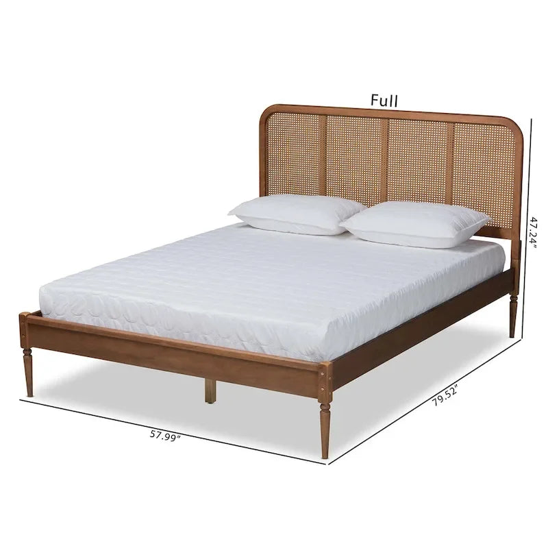 Letto a piattaforma in legno e rattan sintetico in stile Mid-Century Modern - Noce