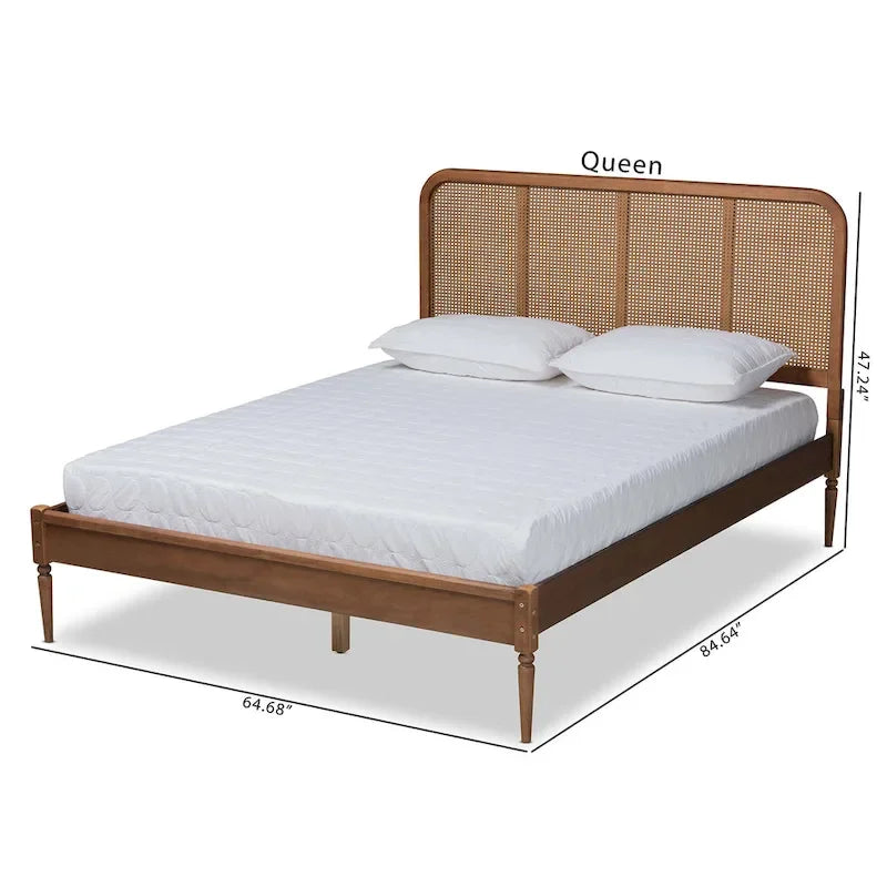 Letto a piattaforma in legno e rattan sintetico in stile Mid-Century Modern - Noce