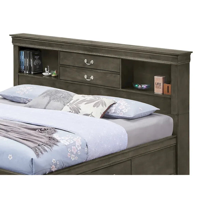 Letto con contenitore, testiera a libreria e cassetti multipli