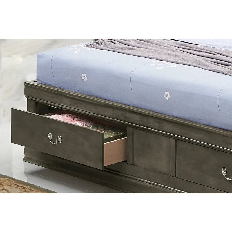 Letto con contenitore, testiera a libreria e cassetti multipli