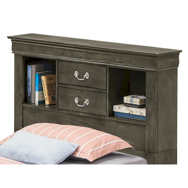 Letto con contenitore, testiera a libreria e cassetti multipli