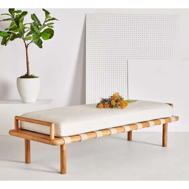 Panca in teak con cuscini e intreccio in pelle - 178 cm L x 66 cm P x 48 cm H