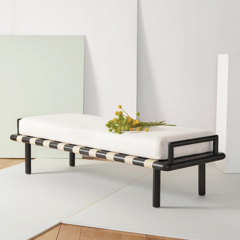 Panca in teak con cuscini e intreccio in pelle - 178 cm L x 66 cm P x 48 cm H