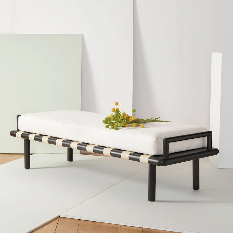 Panca in teak con cuscini e intreccio in pelle - 178 cm L x 66 cm P x 48 cm H