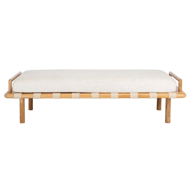 Panca in teak con cuscini e intreccio in pelle - 178 cm L x 66 cm P x 48 cm H