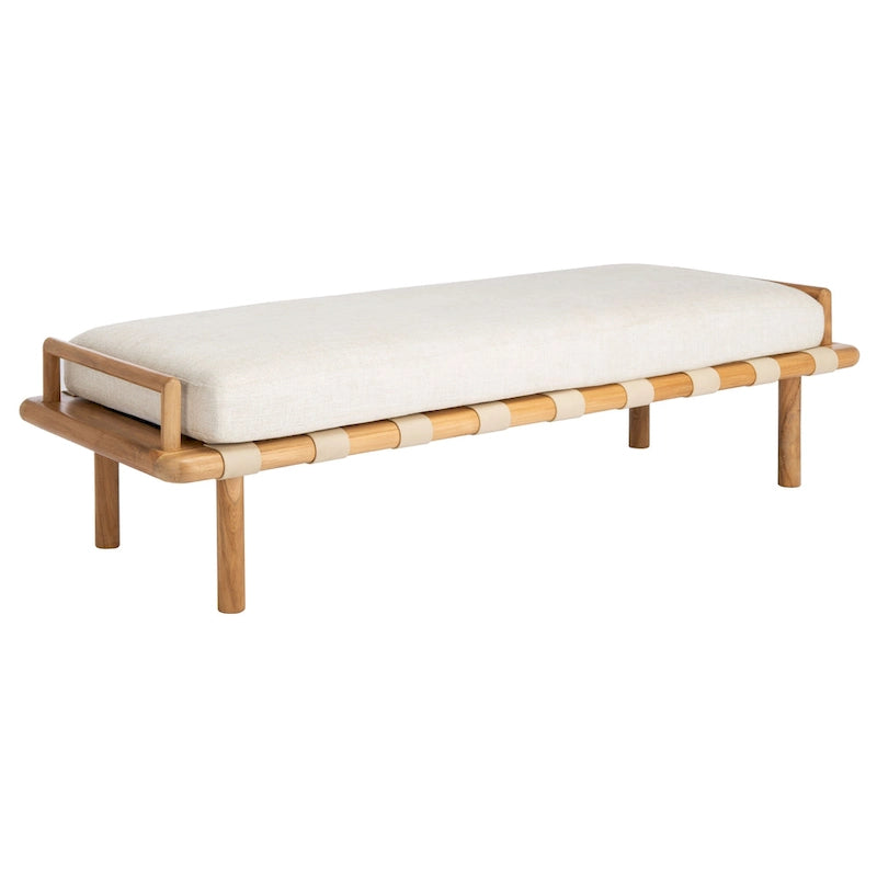 Panca in teak con cuscini e intreccio in pelle - 178 cm L x 66 cm P x 48 cm H