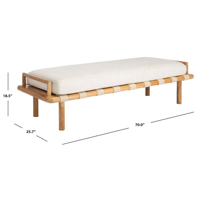 Panca in teak con cuscini e intreccio in pelle - 178 cm L x 66 cm P x 48 cm H