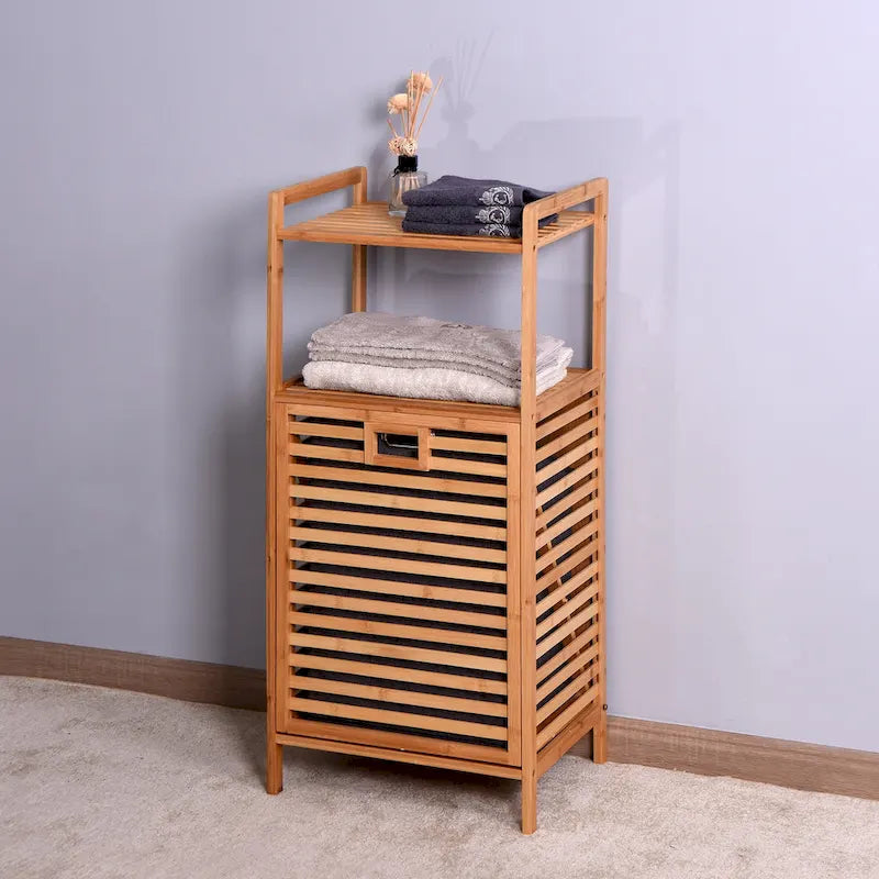 Mobiletto porta biancheria da bagno in bambù con ripiano a 2 livelli, 44 x 33 x 96 cm