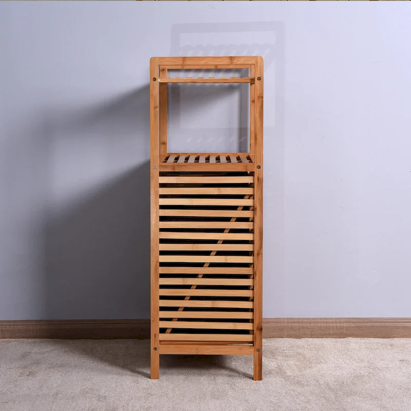 Mobiletto porta biancheria da bagno in bambù con ripiano a 2 livelli, 44 x 33 x 96 cm