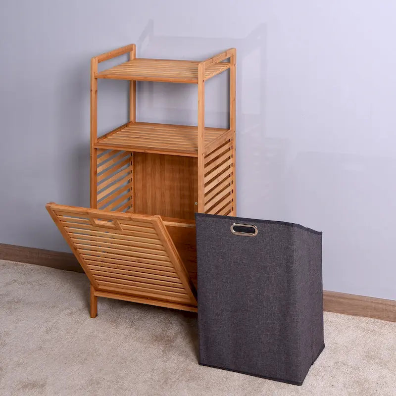 Mobiletto porta biancheria da bagno in bambù con ripiano a 2 livelli, 44 x 33 x 96 cm