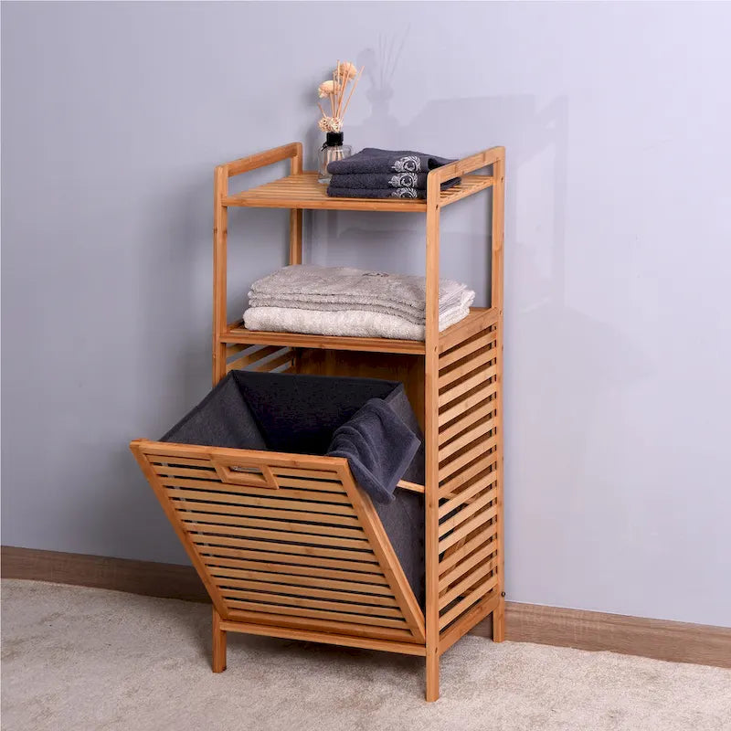 Mobiletto porta biancheria da bagno in bambù con ripiano a 2 livelli, 44 x 33 x 96 cm