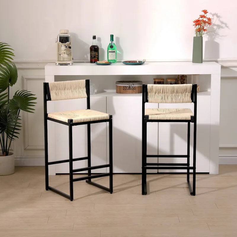 Set of 2 Papetr Rope Woven Dining Chairs, Bar Stools with Footrest