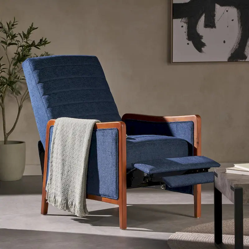 Poltrona reclinabile con schienale imbottito e struttura in legno, stile Mid-Century Modern