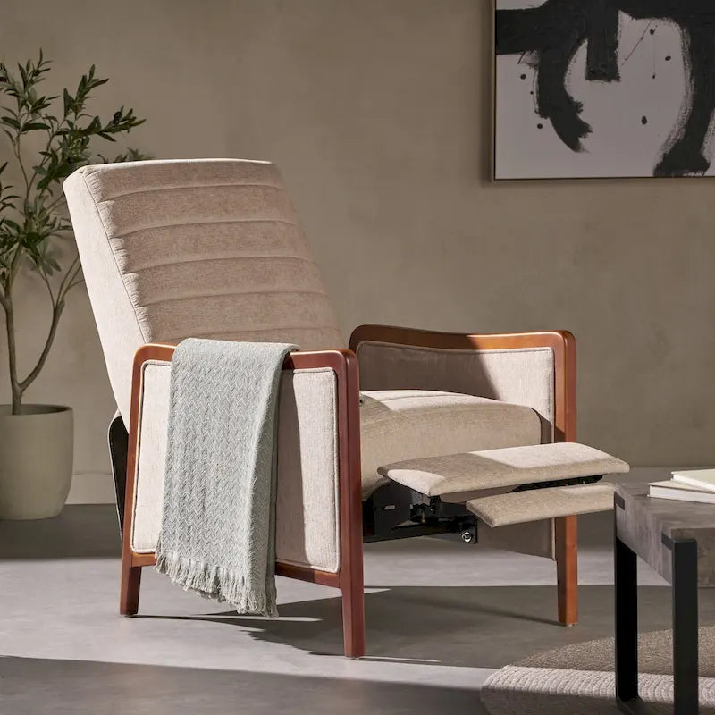 Poltrona reclinabile con schienale imbottito e struttura in legno, stile Mid-Century Modern