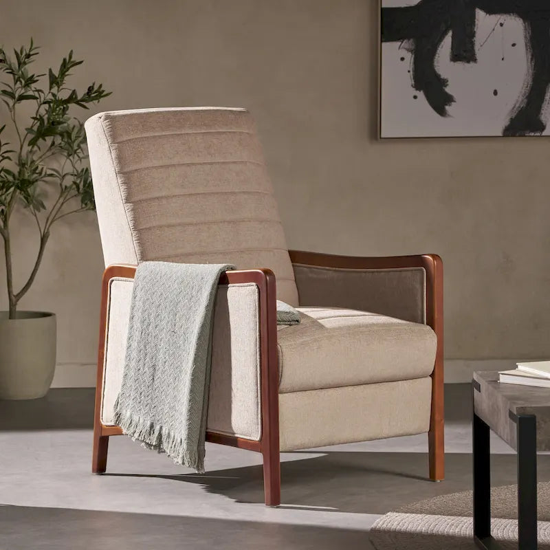 Poltrona reclinabile con schienale imbottito e struttura in legno, stile Mid-Century Modern