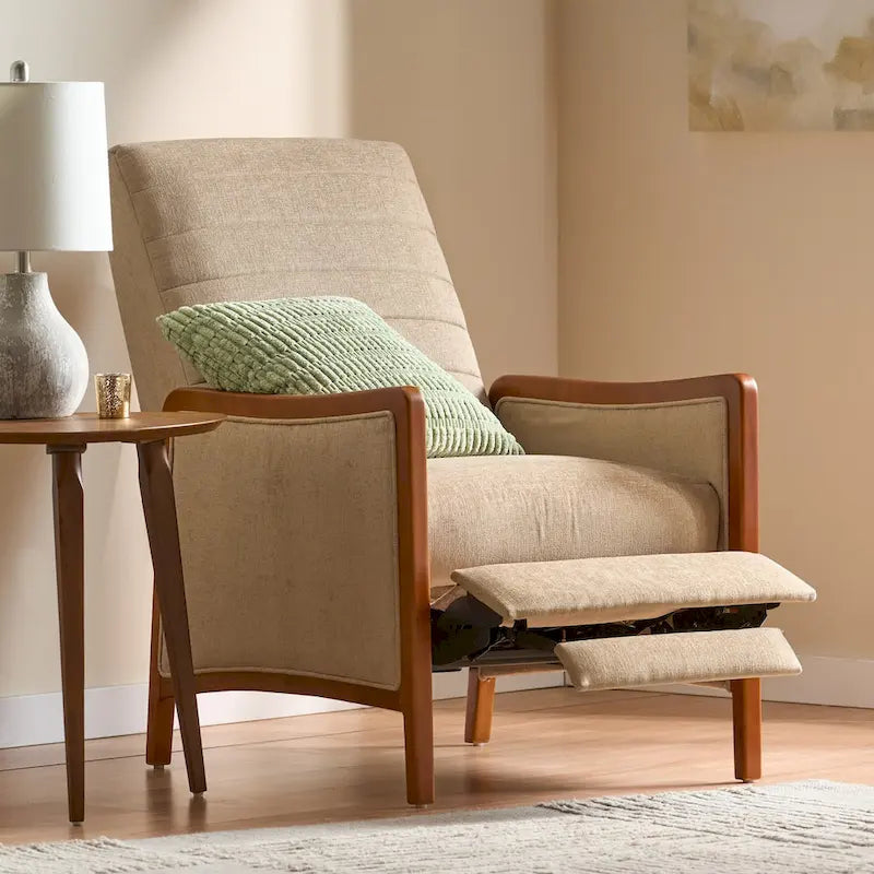 Poltrona reclinabile con schienale imbottito e struttura in legno, stile Mid-Century Modern