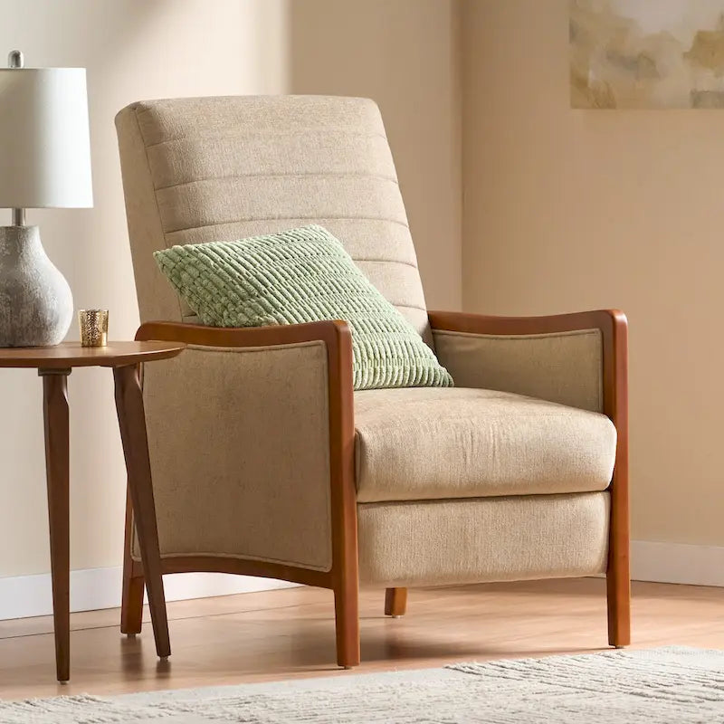 Poltrona reclinabile con schienale imbottito e struttura in legno, stile Mid-Century Modern