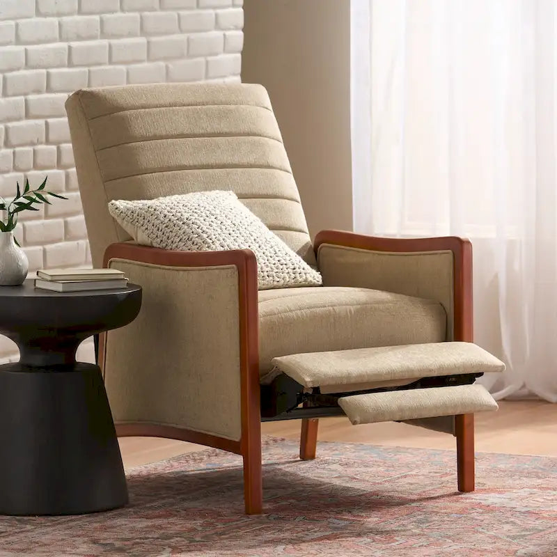 Poltrona reclinabile con schienale imbottito e struttura in legno, stile Mid-Century Modern