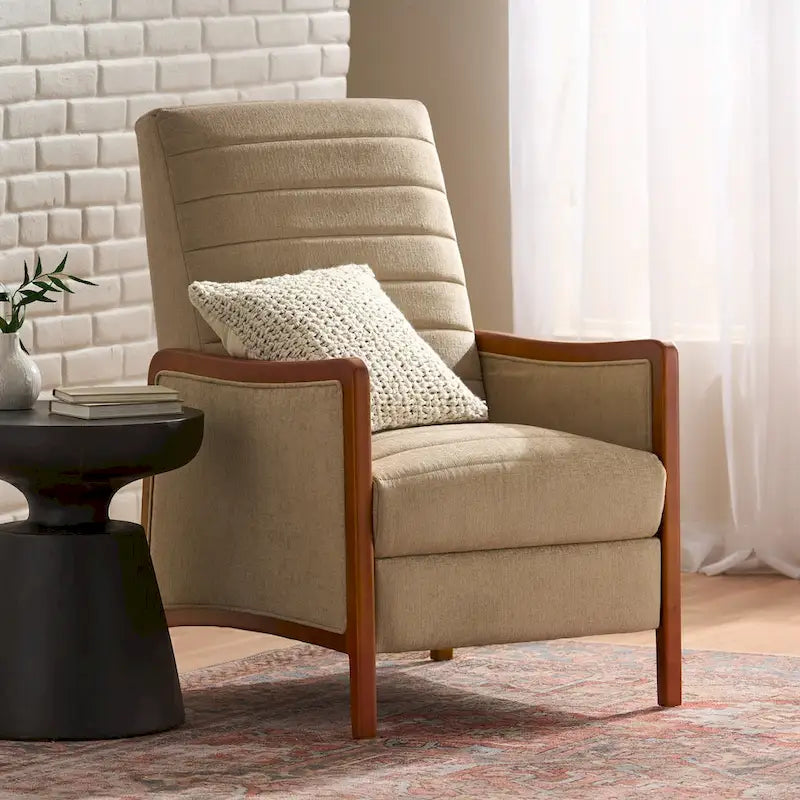 Poltrona reclinabile con schienale imbottito e struttura in legno, stile Mid-Century Modern
