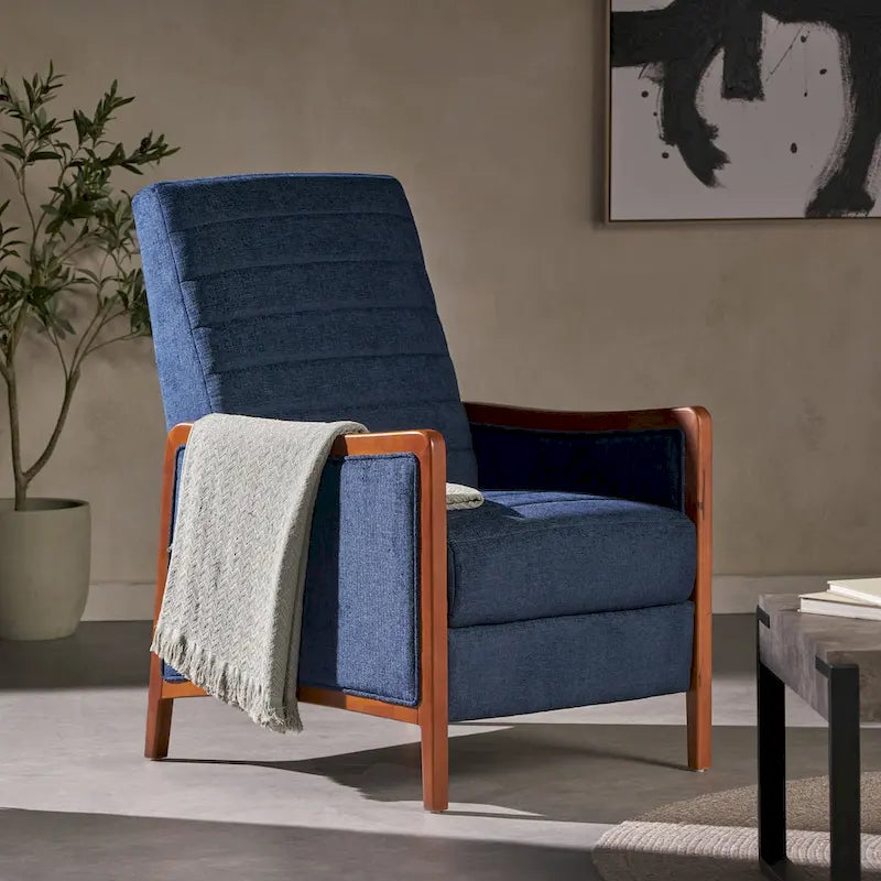 Poltrona reclinabile con schienale imbottito e struttura in legno, stile Mid-Century Modern