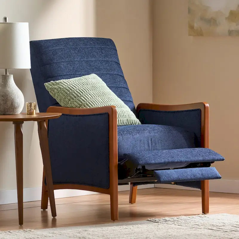Poltrona reclinabile con schienale imbottito e struttura in legno, stile Mid-Century Modern