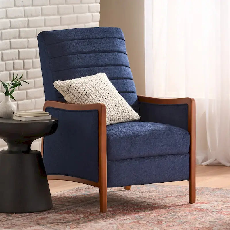 Poltrona reclinabile con schienale imbottito e struttura in legno, stile Mid-Century Modern