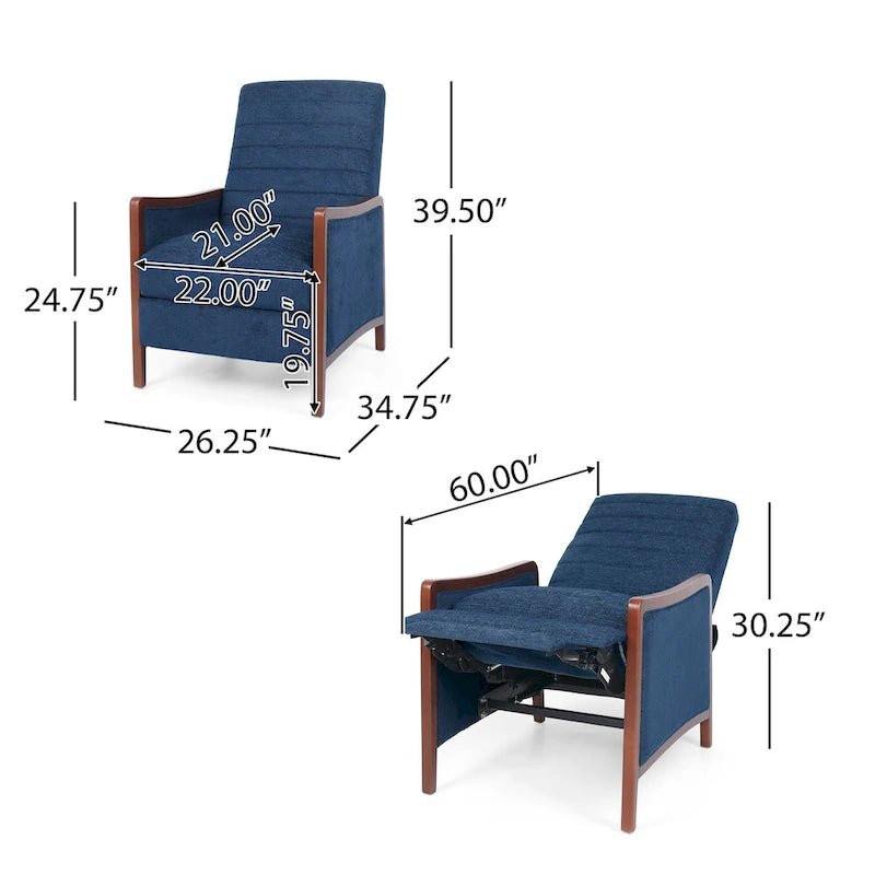 Poltrona reclinabile con schienale imbottito e struttura in legno, stile Mid-Century Modern