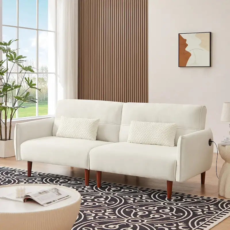 Divano letto futon convertibile con gambe in legno e 2 cuscini