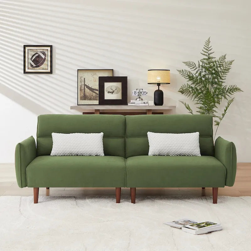 Divano letto futon convertibile con gambe in legno e 2 cuscini