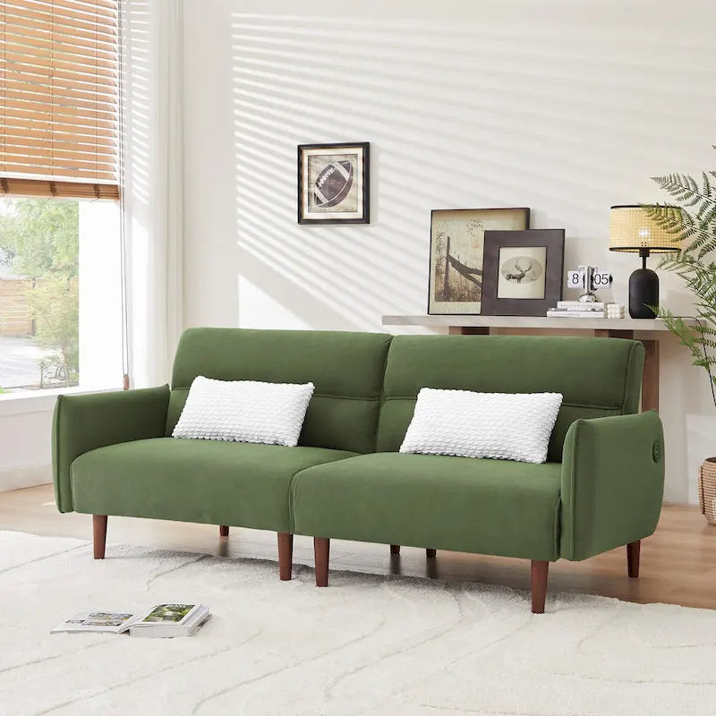 Divano letto futon convertibile con gambe in legno e 2 cuscini