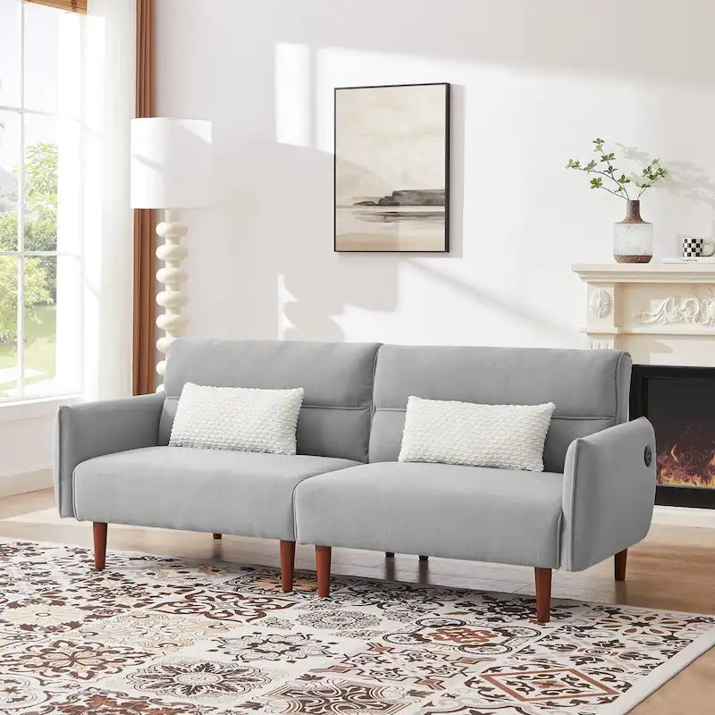 Divano letto futon convertibile con gambe in legno e 2 cuscini