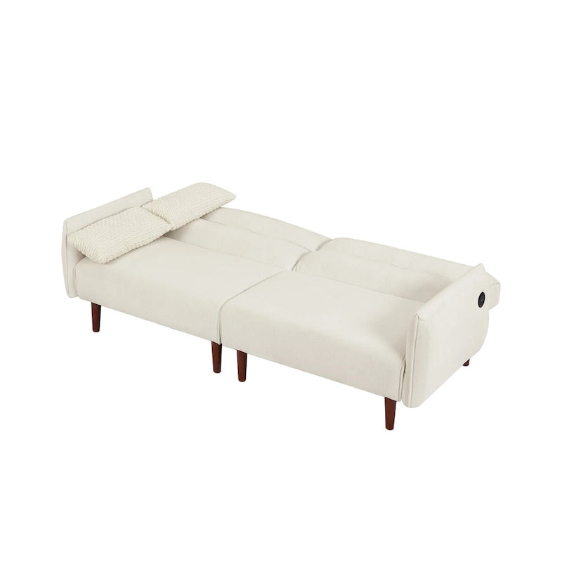 Divano letto futon convertibile con gambe in legno e 2 cuscini