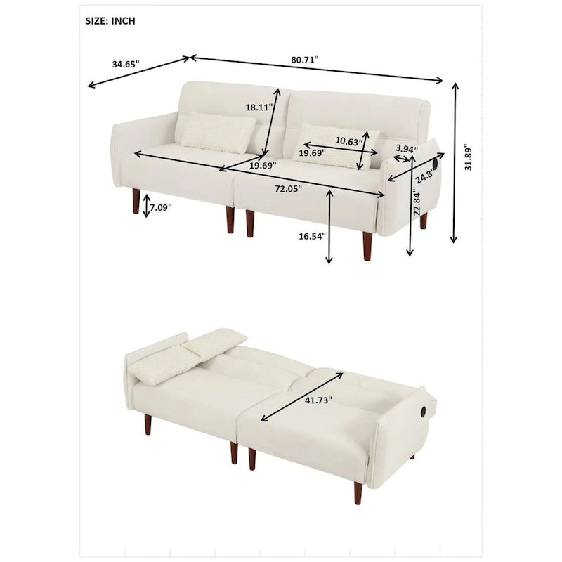 Divano letto futon convertibile con gambe in legno e 2 cuscini