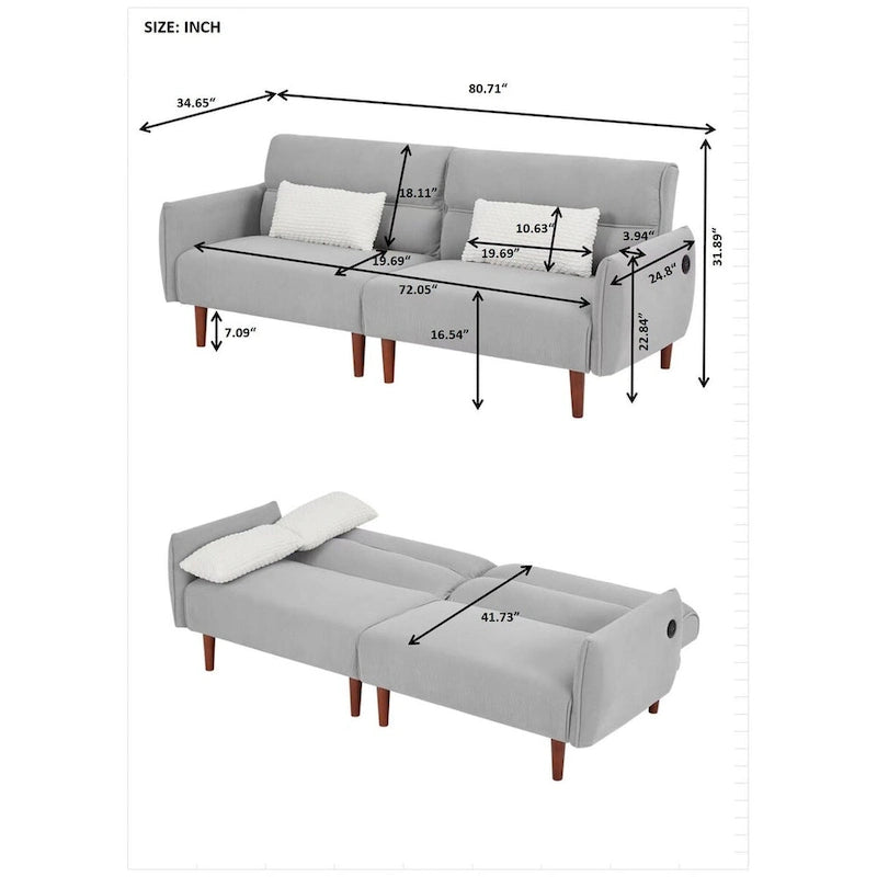 Divano letto futon convertibile con gambe in legno e 2 cuscini