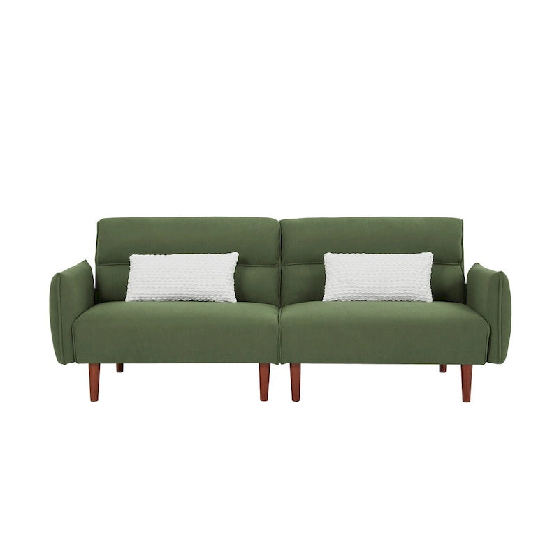 Divano letto futon convertibile con gambe in legno e 2 cuscini