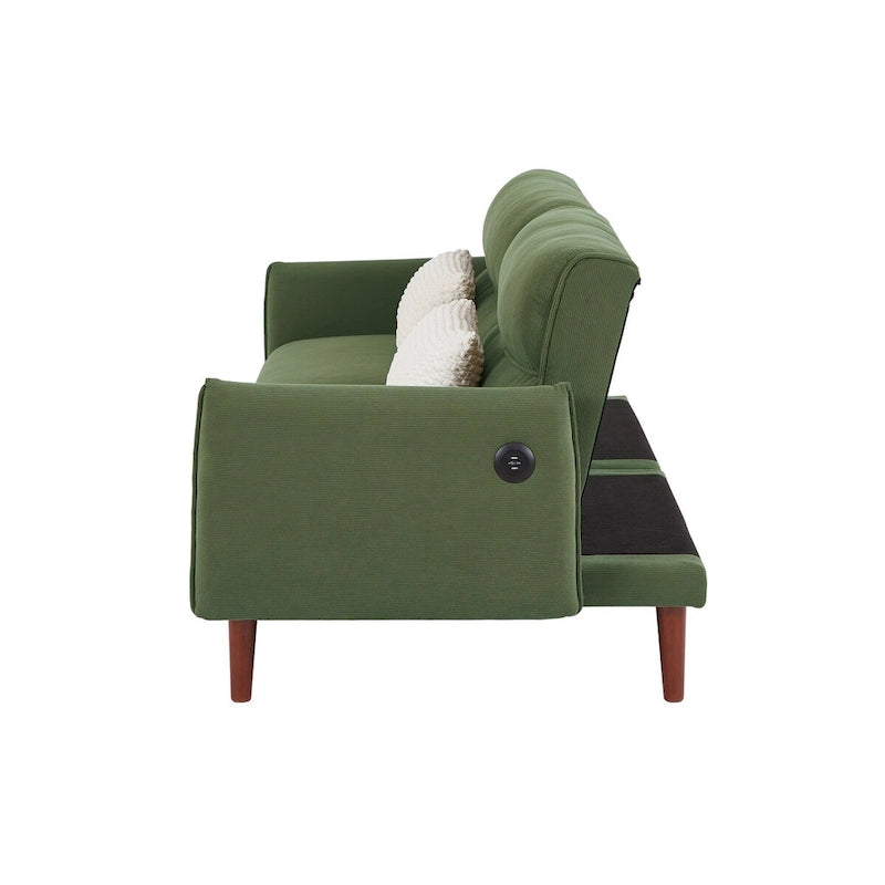 Divano letto futon convertibile con gambe in legno e 2 cuscini